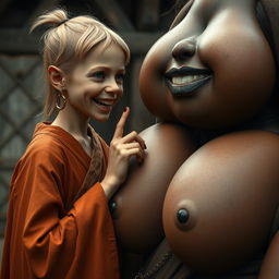 In a medieval village setting, a young German female dwarf, very petite and malnourished, has sharp, decayed teeth and is dressed in a long, fully closed Buddhist robe