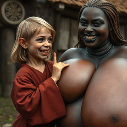 In a medieval village setting, a young German female dwarf, very petite and malnourished, has sharp, decayed teeth and is dressed in a long, fully closed Buddhist robe