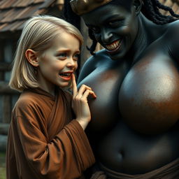 In a medieval village setting, a young German female dwarf, very petite and malnourished, with sharp decayed teeth, is depicted wearing a long, completely closed Buddhist robe