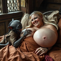 Lying on a medieval bed in a room, an elderly, tiny black female goblin with very dark skin and a malnourished body
