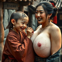 In a medieval Chinese village, a young dwarf woman of small stature with a malnourished body, sharp and decayed teeth, is dressed in a long, closed Buddhist robe