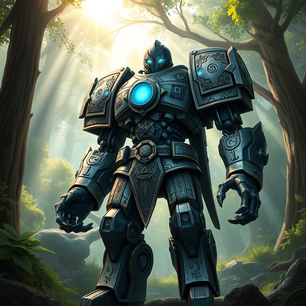 A magnificent warforged warrior, standing tall and proud, with intricate metallic body plating decorated with ancient runes