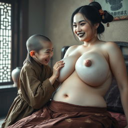 In a medieval Chinese bedroom, a young dwarf woman of small stature with a malnourished body, sharp and decayed teeth, is dressed in a long, closed Buddhist robe