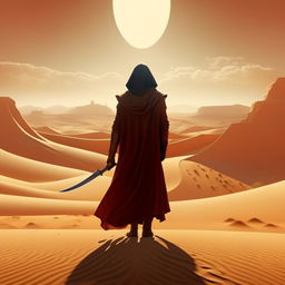 A 4K logo image of Paul Muaddib Atreides from Dune, raising his crisknife in a desert environment. Incorporate the phrase 'May Thy Knife chip and shatter' into the design, ensuring its suitability for t-shirt merchandise.