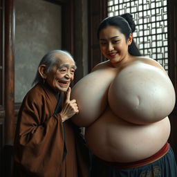 In a medieval Chinese room, a tiny elderly female figure, a malnourished Chinese dwarf with sharp, decayed teeth, is dressed in a long, fully closed Buddhist robe