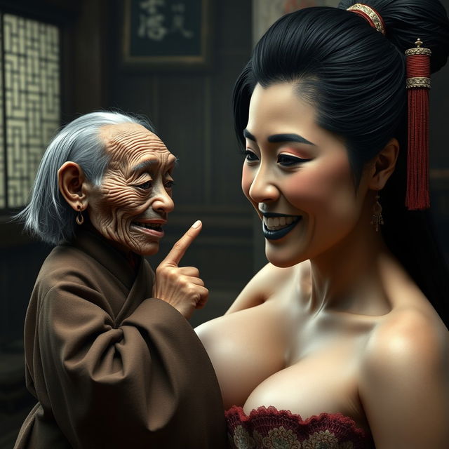 In a medieval Chinese room, a tiny elderly female figure, a malnourished Chinese dwarf with sharp, decayed teeth, is dressed in a long, fully closed Buddhist robe