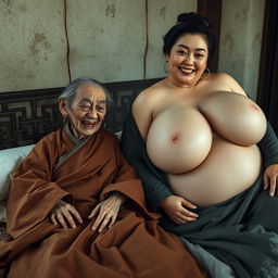 In a medieval Chinese bedroom, there lie two women on a bed