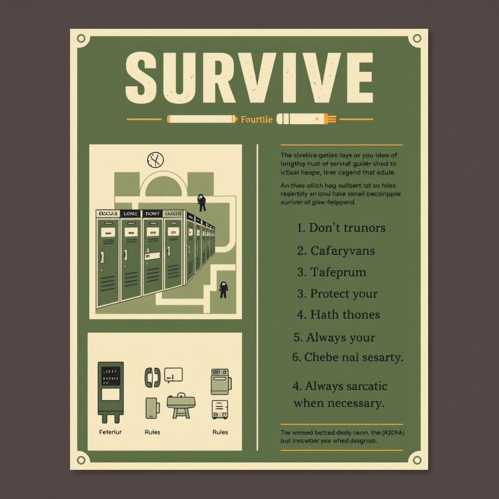A survival guide poster titled 'Survive', inspired by Maera, featuring a layout with a corridor map, icons like lockers, cafeteria, telephone, and a list of 'rules'