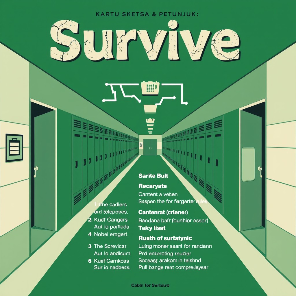 A creative poster design titled 'Survive', in the style of a survival guide titled 'Kartu Sketsa & Petunjuk'
