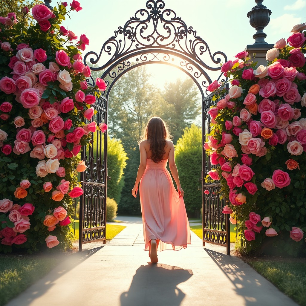 A serene scene featuring a beautiful woman in a flowy pink dress, gracefully walking out of an ornate gate adorned with vibrant, blooming roses of various colors