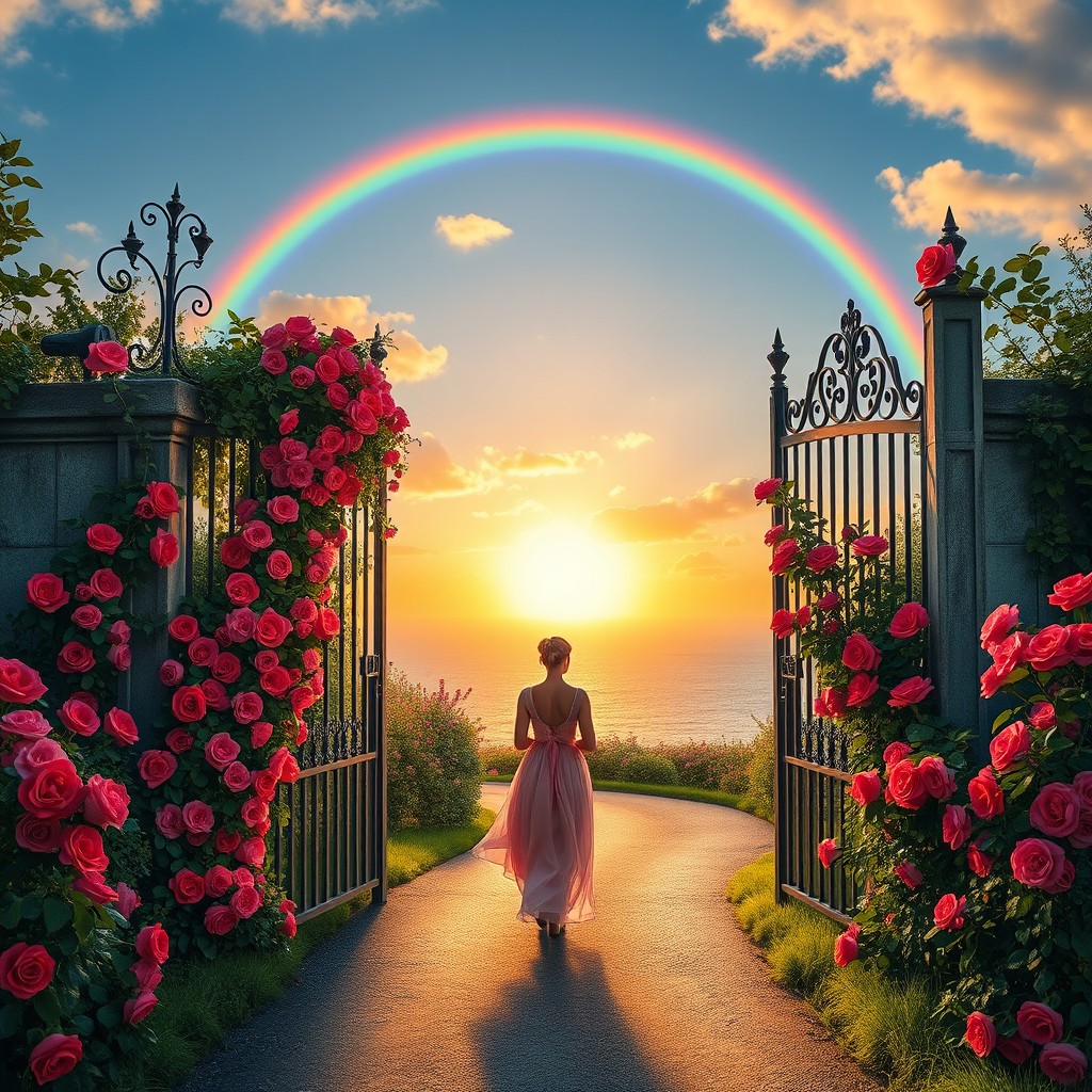 A picturesque scene featuring a woman in a flowy pink dress, elegantly walking out of an ornate gate overflowing with vibrant roses