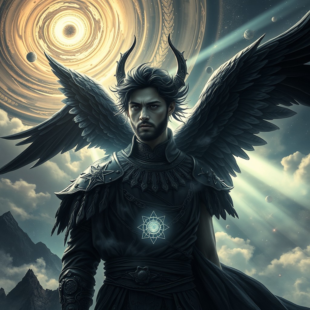 A captivating and ethereal depiction of Samael, the angel of death in various mythologies, portrayed as an enigmatic figure with dark wings and a celestial appearance