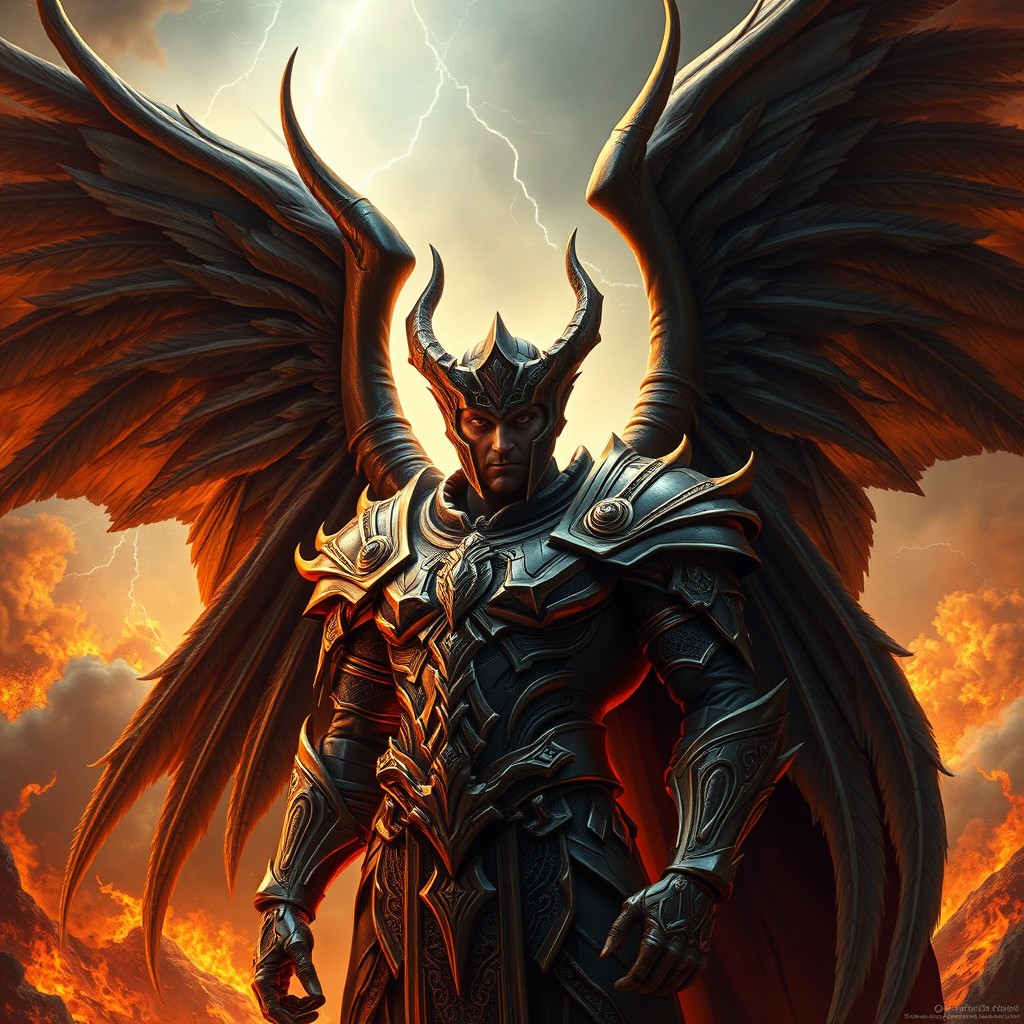 A breathtaking portrayal of Abaddon, the angel of destruction from various mythologies, depicted as a powerful and formidable figure with dark, unfurled wings