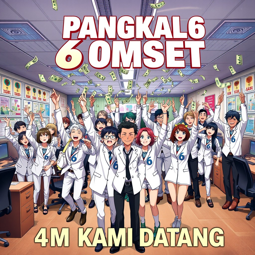 An anime-style movie poster featuring a lively scene with a large group of characters celebrating in an office environment, joyfully throwing dollar bills into the air