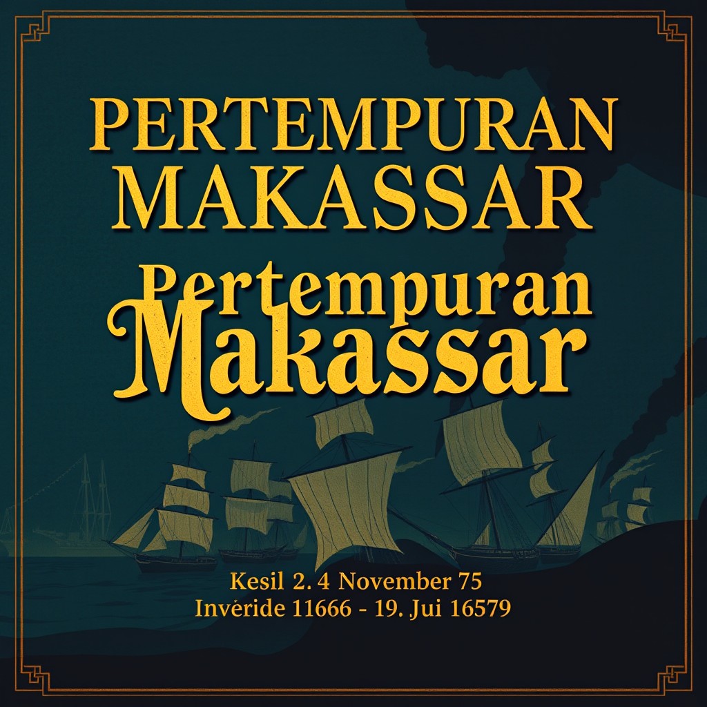 A captivating historical poster titled 'Pertempuran Makassar', featuring bold, stylized typography for the title