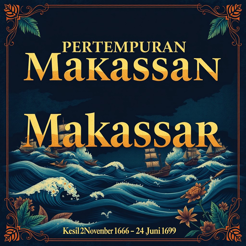 A striking historical poster titled 'Pertempuran Makassar', prominently displayed in bold, dramatic typography
