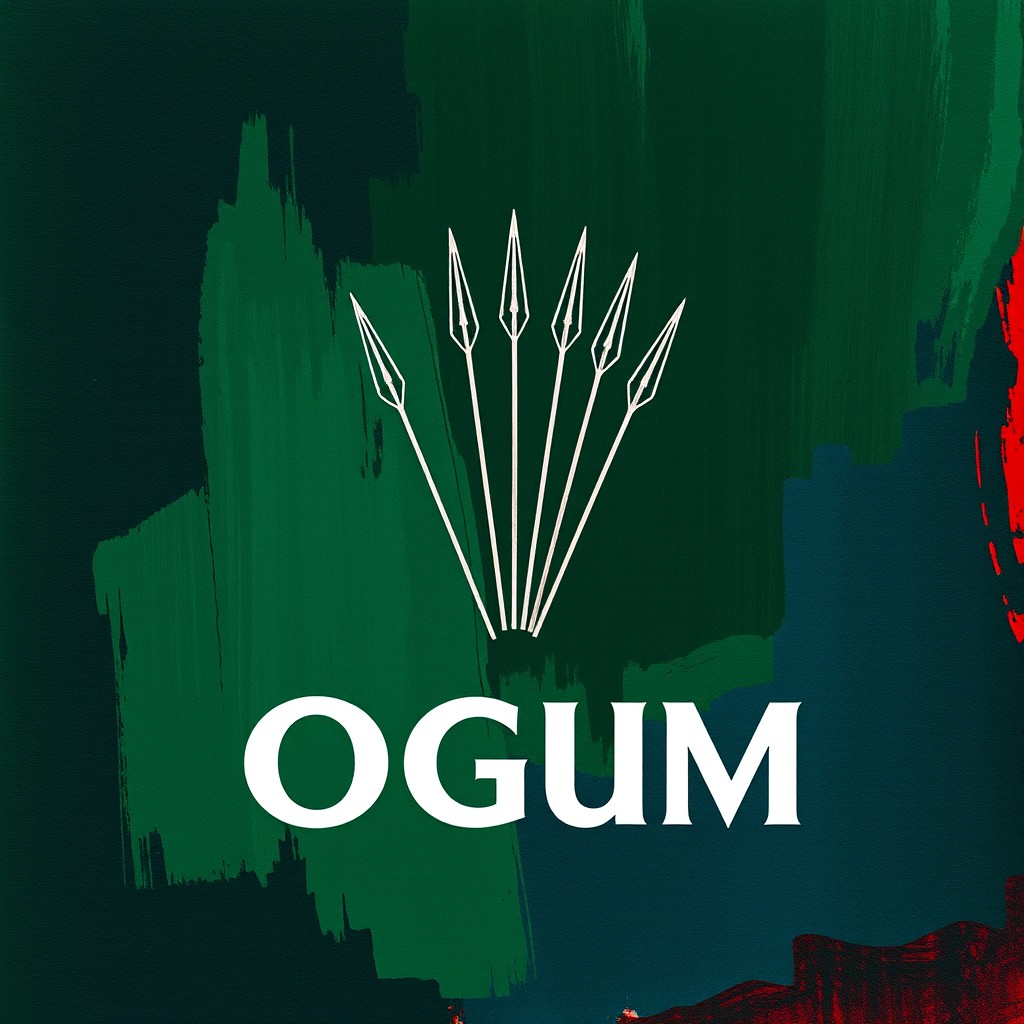 A book cover design inspired by contemporary African art featuring an abstract background with expressive, textured brushstrokes blending dark green (representing the forest), deep blue (representing the sea), and dark red (symbolizing war/strength)