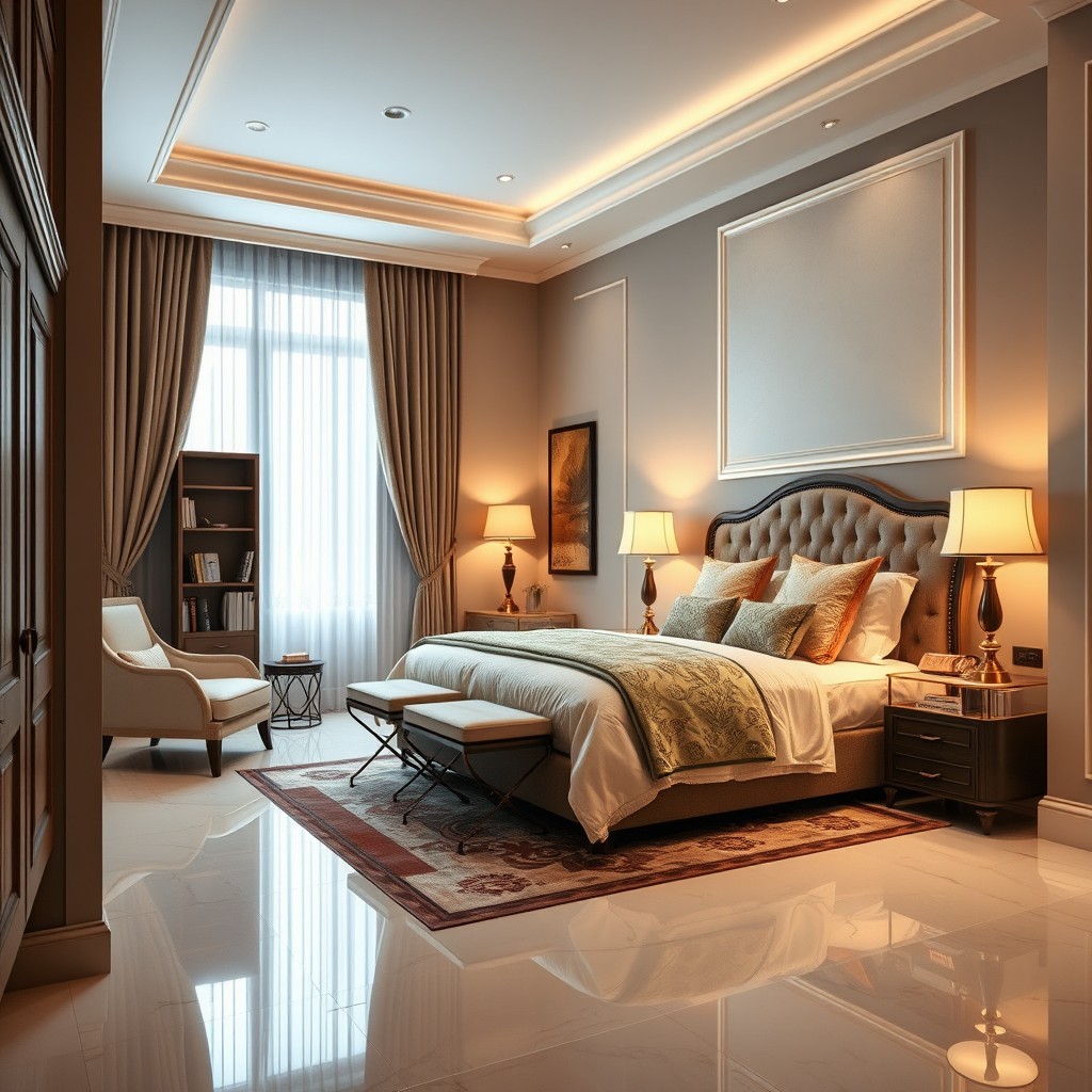A beautifully redesigned bedroom featuring plush, modern furniture with a cozy atmosphere, elegant wall colors, and soft lighting