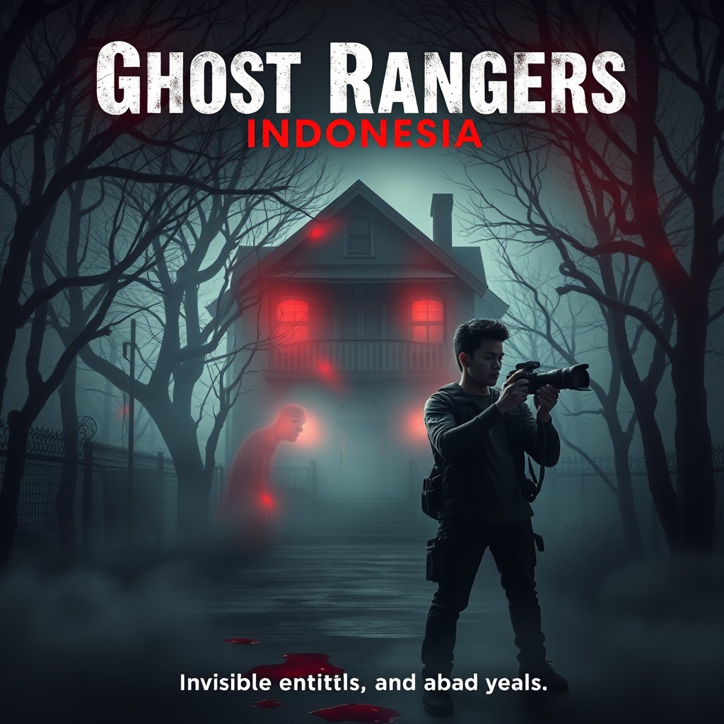 A chilling book cover design for a mystery horror novel titled 'Ghost Rangers Indonesia'