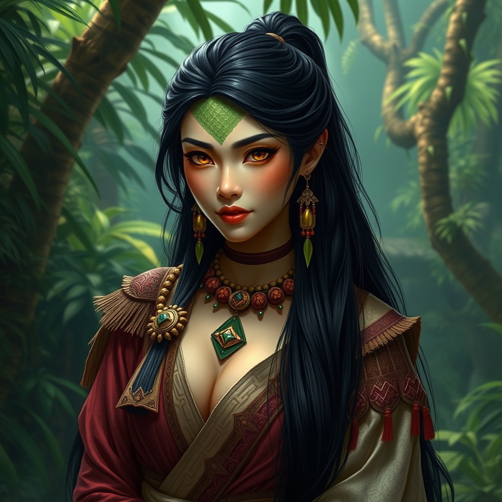 A Yuan-Ti female villager, characterized by her serpentine heritage, showcasing her distinctive features such as greenish scales, elegant attire made from natural materials, and adorned with tribal jewelry