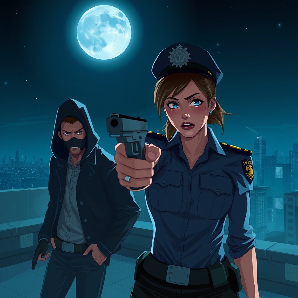 A dramatic night scene on a rooftop, featuring a female police officer with tears on her face, holding a gun pointed at a frightened male spy