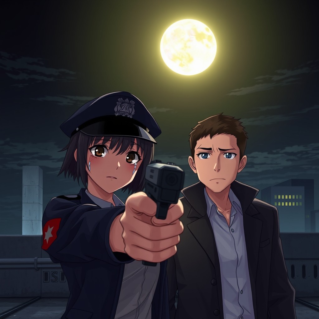 A female police officer with tears on her face holding a gun pointed at a scared male spy, set on a nighttime rooftop under a bright moon in the sky