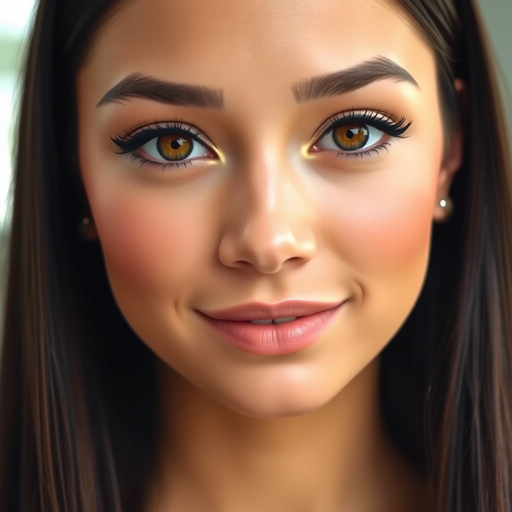 A young woman with an oval face and smooth, even-toned skin