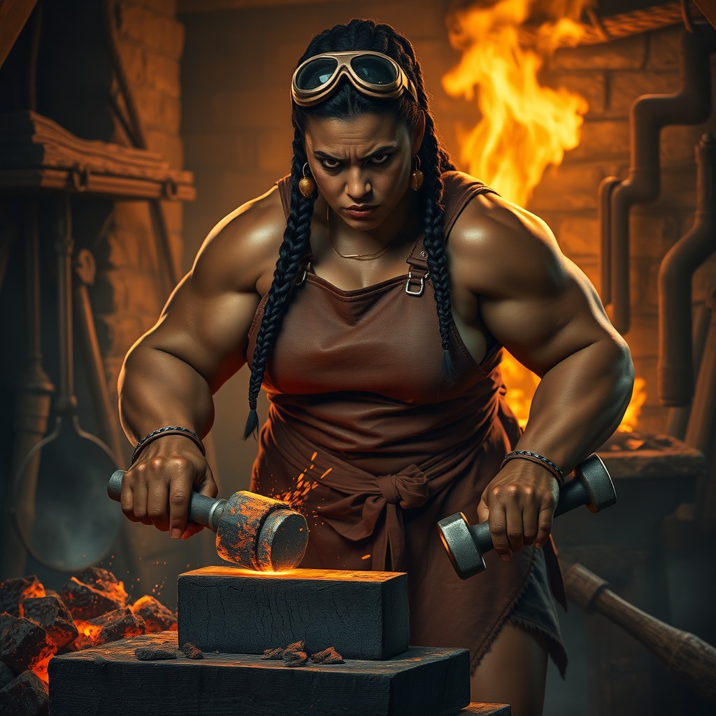A powerful female blacksmith, with a muscular and imposing physique reminiscent of a Goliath, working in a bustling forge