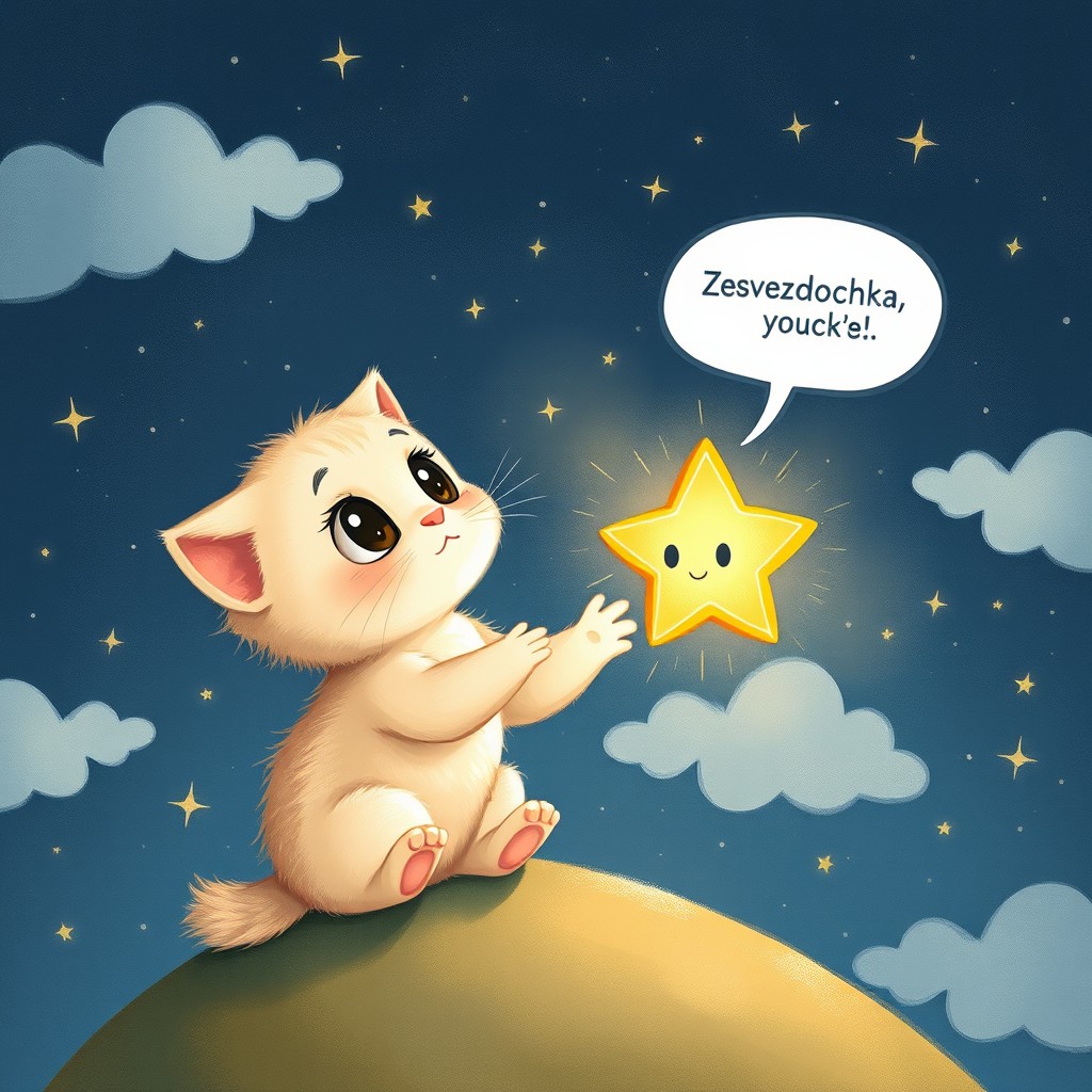 A whimsical illustration of a curious and dreamy kitten named Mur, gazing up at a small, bright, energetic star named Zvezdochka