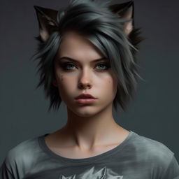 A tomboy styled girl with a wolf cut hairstyle, noticeable jaw angle and large expressive eyes wearing a long T-shirt