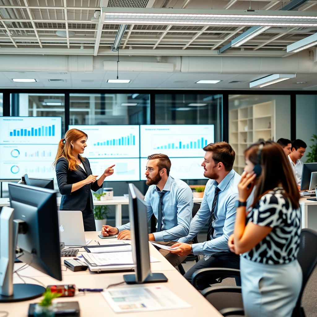 A modern office environment, showcasing a diverse team of professionals actively engaged in various tasks