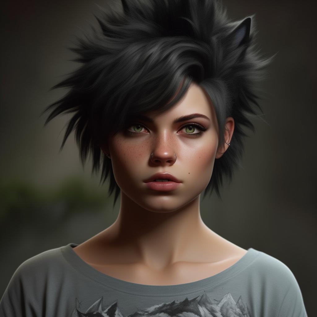 A tomboy styled girl with a wolf cut hairstyle, noticeable jaw angle and large expressive eyes wearing a long T-shirt