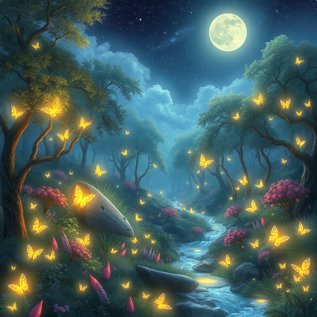 An ethereal landscape depicting a mystical forest illuminated by soft, bioluminescent plants