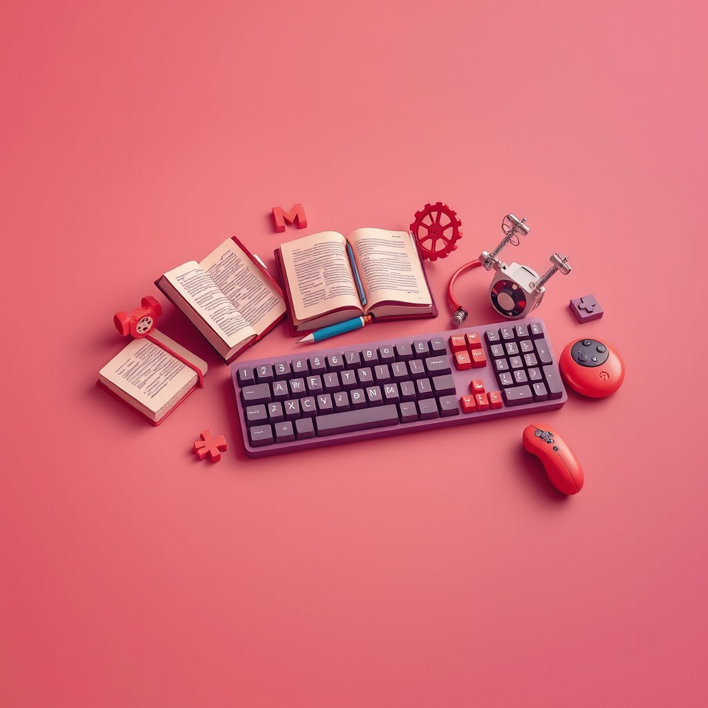 Uma obra de arte visualmente impressionante e colorida, que apresenta o tema de jogos digitais focados na Língua Portuguesa