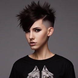 A tomboy styled girl with a wolf cut hairstyle, noticeable jaw angle and large expressive eyes wearing a long T-shirt