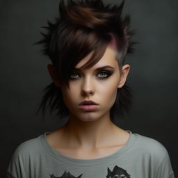 A tomboy styled girl with a wolf cut hairstyle, noticeable jaw angle and large expressive eyes wearing a long T-shirt