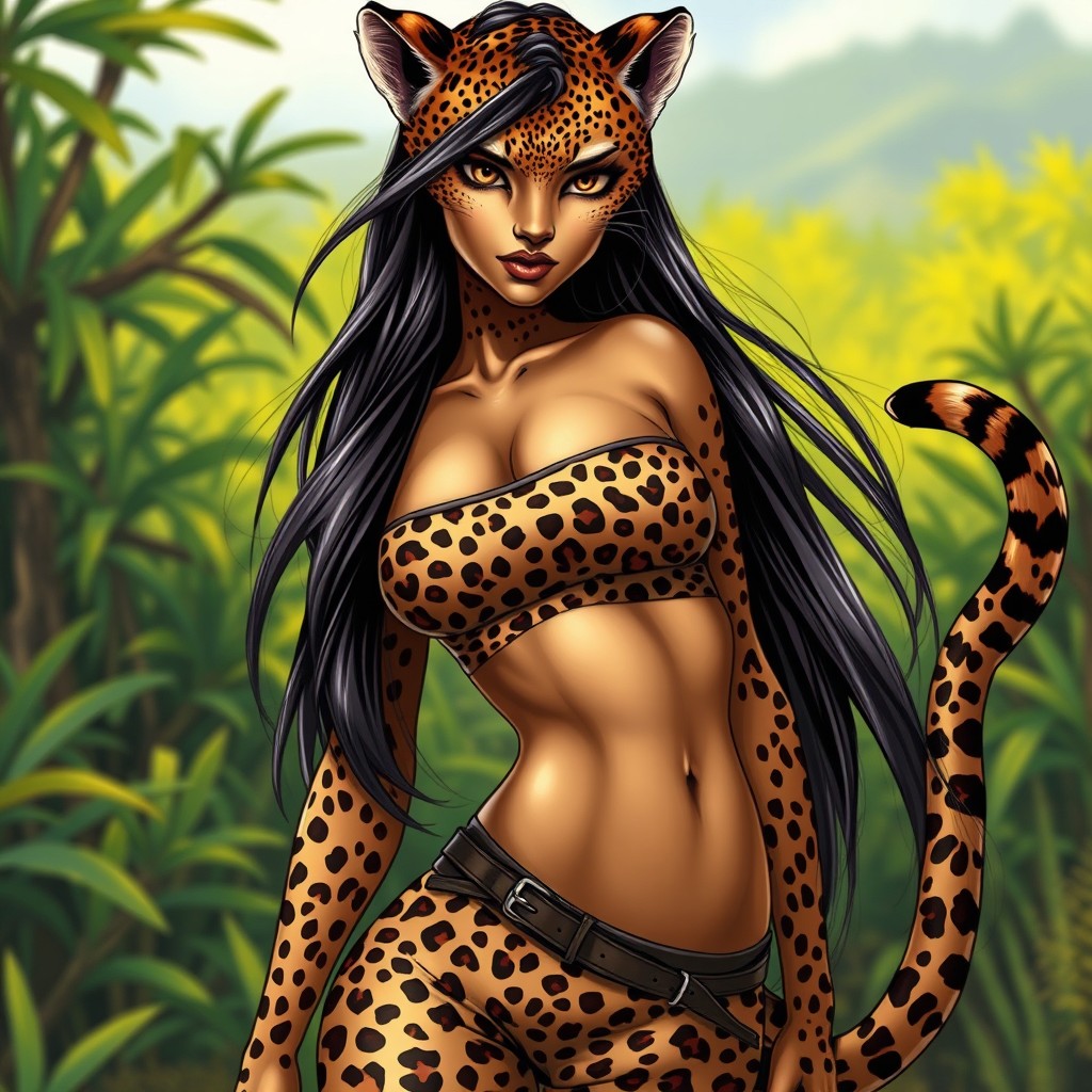 A stunning cheetah girl with striking features, showcasing her fierce beauty