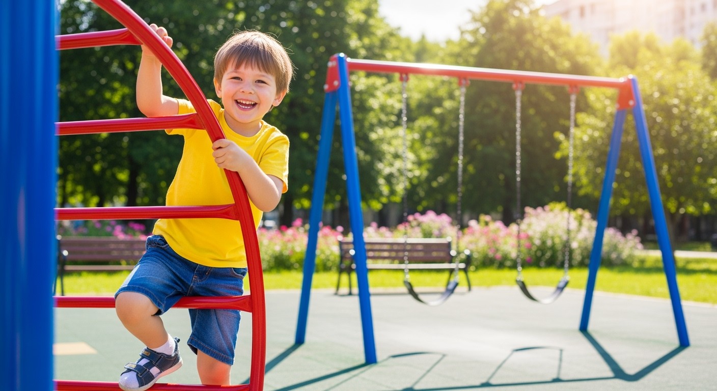 A cheerful little boy playing outside on a colorful playground