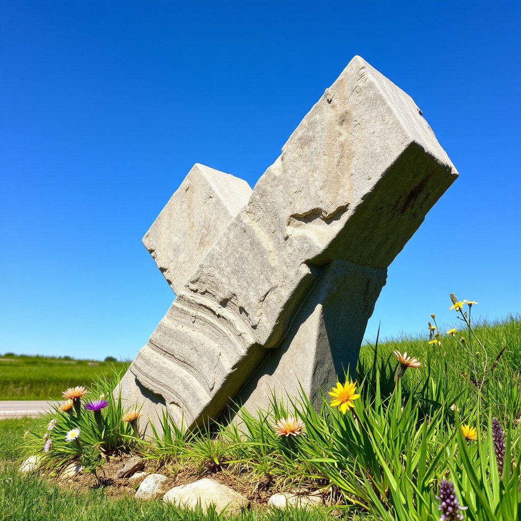 A town sign made of solid stone, featuring a unique design in the shape of a chunky checkmark