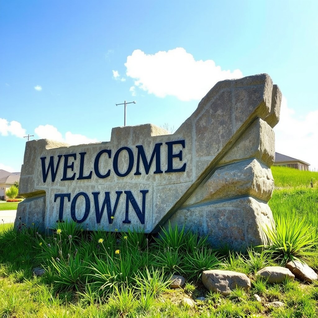A welcoming town sign crafted from solid stone, designed in the shape of a chunky checkmark
