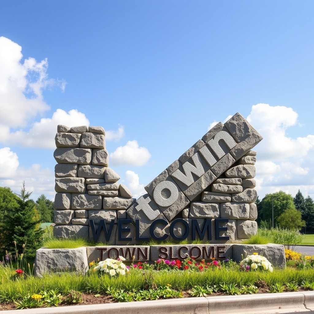 A town welcome sign constructed from solid stone, designed in the shape of a chunky checkmark