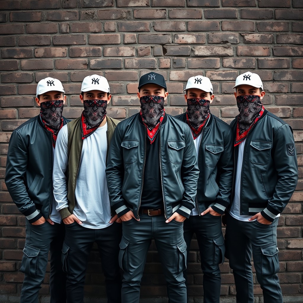 A striking urban scene featuring five white guys standing confidently against a textured brick wall