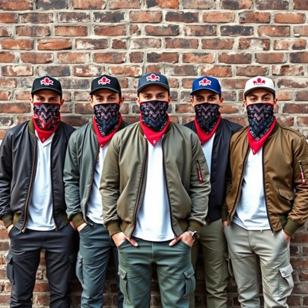 A dynamic urban photograph featuring five white guys standing against a rustic brick wall