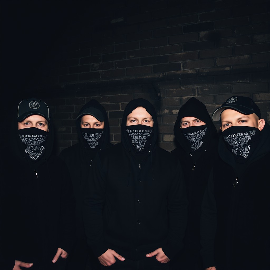 A photograph of five white men standing in the dark against a brick wall