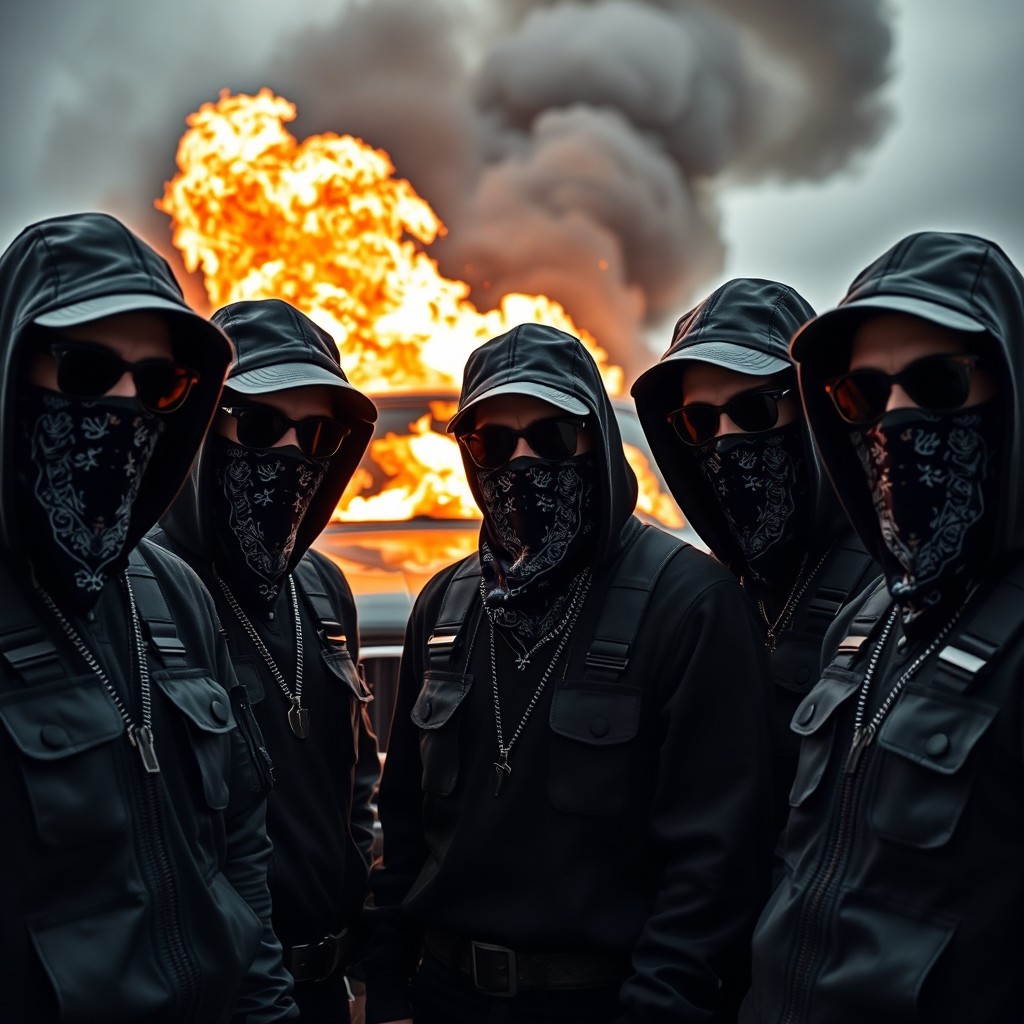 A dramatic photograph of five white men wearing baseball caps and black sunglasses, standing in hoods with their faces covered by bandanas