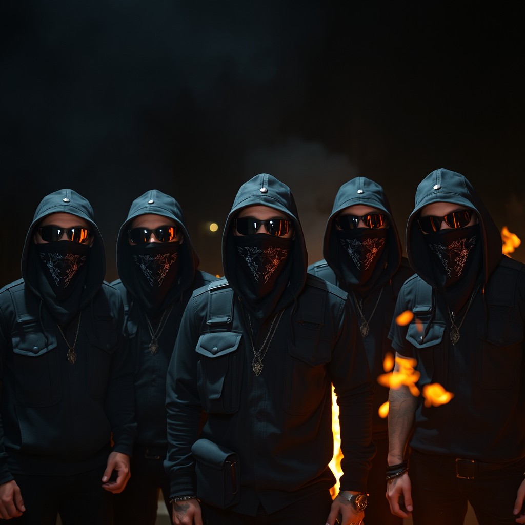 A dark photograph of five white men wearing baseball caps and black sunglasses, standing in hoods with their faces covered by bandanas