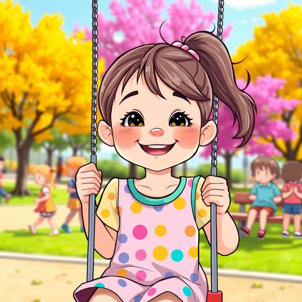 A playful illustration of a young girl with a cheerful smile and a ponytail, enjoying a day at the park