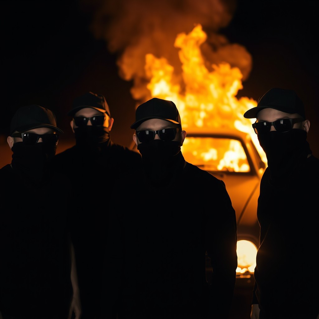 A dark, moody photograph of five white men wearing caps and black sunglasses, their faces covered with bandanas