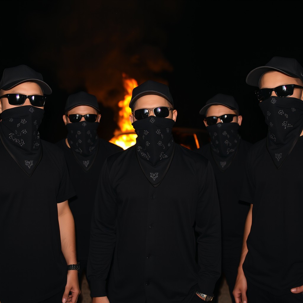 A dark, moody photograph of five white men wearing caps and black sunglasses, their faces obscured by bandanas