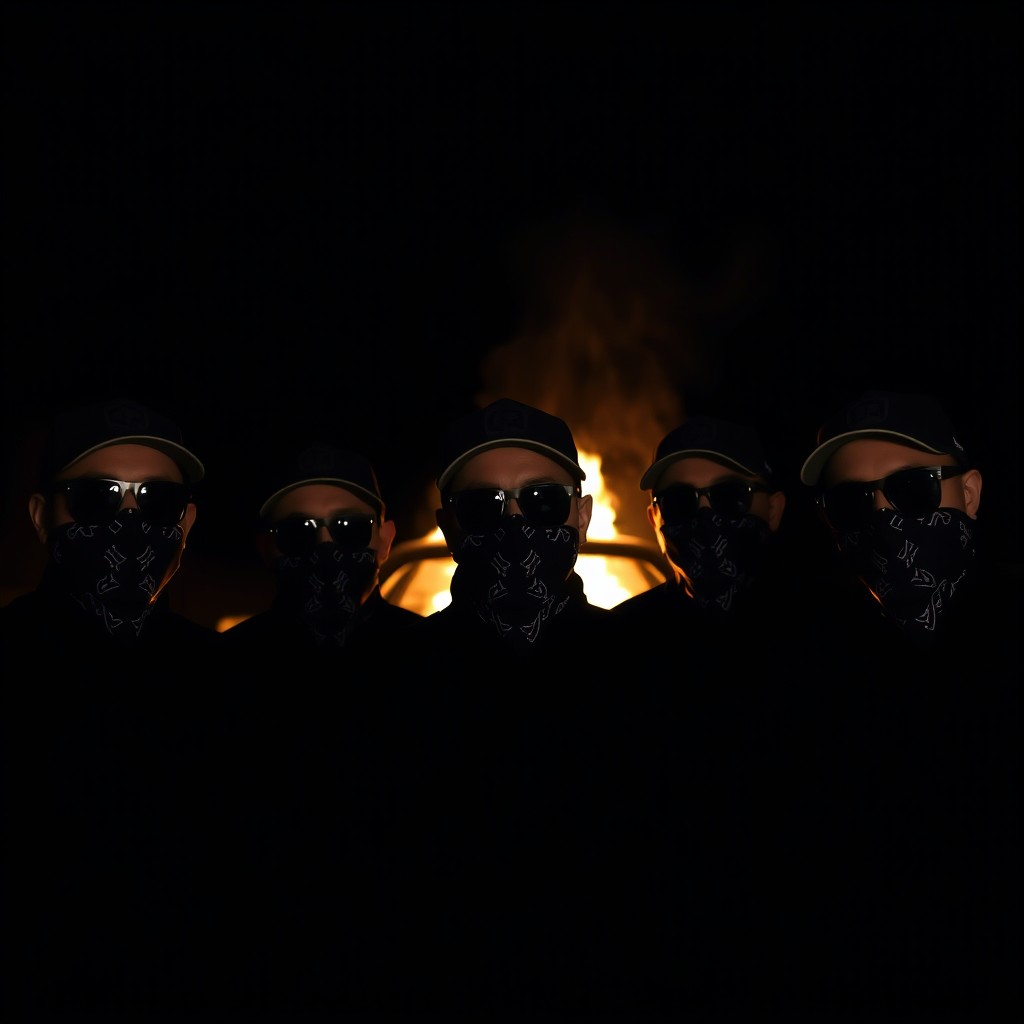 A dark, atmospheric photograph showcasing the silhouettes of five white men wearing caps and black sunglasses, their faces concealed by bandanas